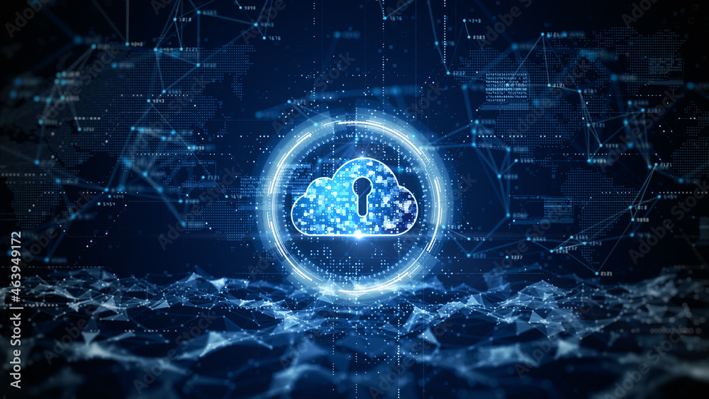 Poster cloud computing of cyber security digital data, digital data network protection, global network conn