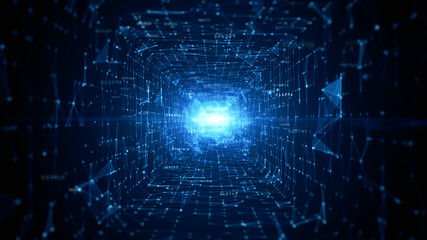 Tunnel Sci-Fi Digital Cyberspace, Digital Data Network and Blockchain Connections. Technology Digital Data Background Concept. 3d rendering
