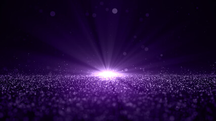 Digital particles in a purple abstract background swirl with bokeh and light. 3d rendering