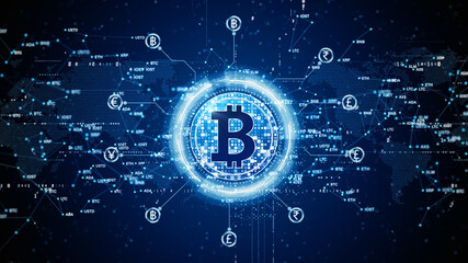 Bitcoin blockchain cryptocurrency digital encryption, Digital money exchange, Technology global network connections abstract background concept. 3d rendering