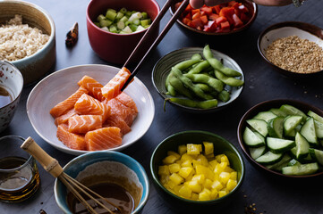 Salmon with vegetables and rice photography