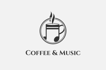 coffee music cafe bar restaurant logo illustration vector icon, coffee cup with music note isolated circle