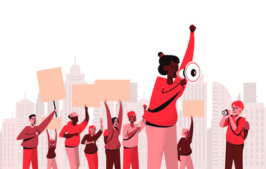 Social Justice - people protesting in city, banner