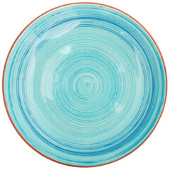 View of empty round blue plate. Isolated over white background