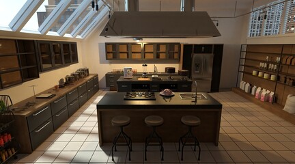 Kitchen room interior 3d illustration