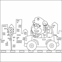 Obraz na płótnie Canvas Vector cartoon of funny tiger police patrol in the city. Childish design for kids activity colouring book or page.