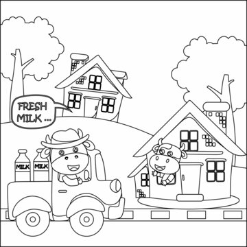 Dairy cow in the truck, vector illustration Childish design for kids activity colouring book or page.