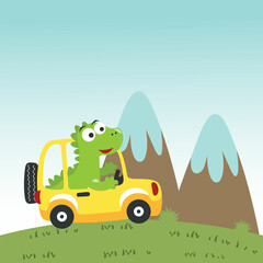 Cute little dinosaur driving a car go to forest funny animal cartoon. Creative vector childish background for fabric, textile, nursery wallpaper, poster, card, brochure. and other decoration.