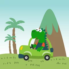 Fotobehang Cute little dinosaur driving a car go to forest funny animal cartoon. Creative vector childish background for fabric, textile, nursery wallpaper, poster, card, brochure. and other decoration. © Hijaznahwani