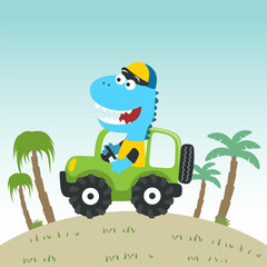 Cute little dinosaur driving a car go to forest funny animal cartoon. Creative vector childish background for fabric, textile, nursery wallpaper, poster, card, brochure. and other decoration.