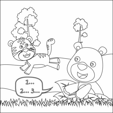 Cartoon wild animals concept, cute tiger and bear in the jungle. Can be used for t-shirt printing, Childish design for kids activity colouring book or page.