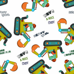 Seamless pattern of  hand drawing digger and worker dinosaur print design, Can be used for t-shirt print, kids wear fashion design, print for t-shirts, baby clothes, poster. and other decoration. © Hijaznahwani