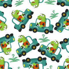 Naklejka premium Seamless pattern of cute dinosaur driving a car go to forest funny animal cartoon. Can be used for t-shirt print, kids wear fashion design, print for t-shirts, baby clothes and other decoration