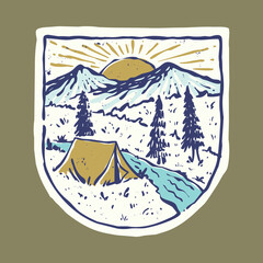 Camping and beautiful sunrise with river graphic illustration vector art t-shirt design