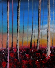 sunset in the forest. painting sunset in the forest overgrown with red flowers. acrylic painting