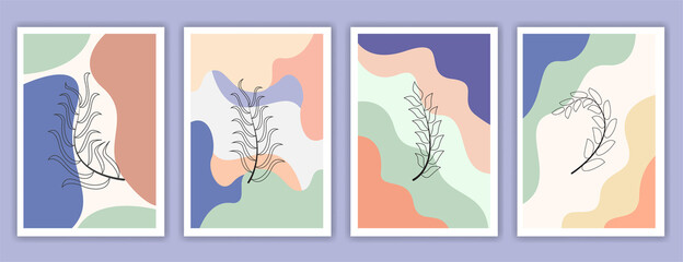 Collection of contemporary art posters in pastel colors. Abstract geometric elements and strokes, leaves and berries, olive, tangerine. Great design for social media, postcards, print.