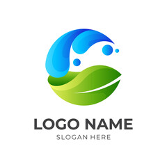 leaf water logo, leaf and water, combination logo with 3d green and blue color style