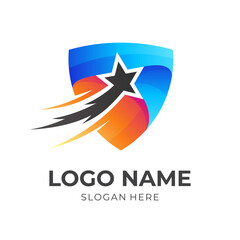 star protect logo template, star and shield, combination logo with 3d blue and orange color style