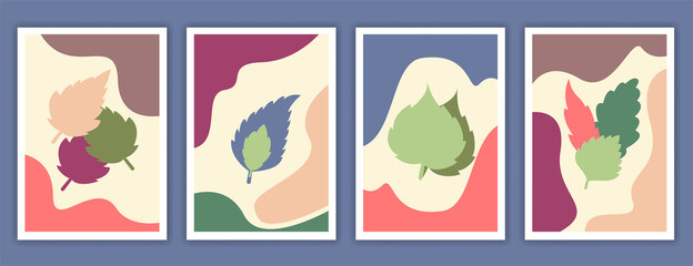 Fototapeta premium Set of creative minimalist hand drawn leaves illustrations for wall decoration, postcard or brochure cover design. Hand draw vector design elements. 