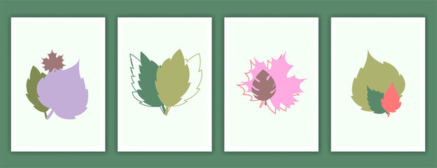 Collection of contemporary art posters in pastel colors. Abstract geometric element leaves and berries, olive, tangerine. Great design for social media, postcards, print.