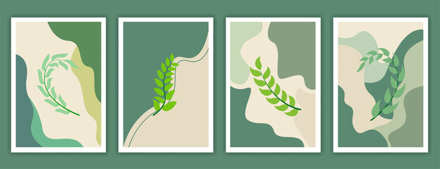 Botanical watercolor wall art vector set. Earth tone background foliage line art drawing with abstract shape. Abstract Plant Art design for wall framed prints, canvas prints, poster, home decor.