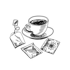 Tea cup hand drawn black and white vector illustration