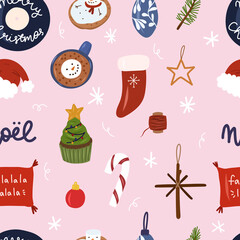 Christmas seamless pattern on pink background.