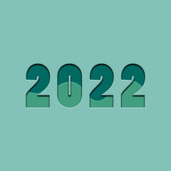 Happy New Year 2022 text design. Cover of business diary for 2022. Brochure design template, card, banner. Illustration isolated on teal background. Paper cut out concept.