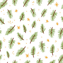 Christmas seamless pattern with tree branches on white background.