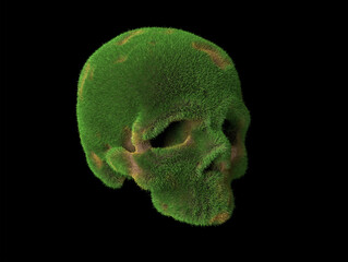 an old abandoned skull overgrown with grass with patches of brown earth. Abstract 3d illustration about time and abandon