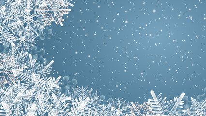 Fototapeta na wymiar Winter blue background with snowflakes. Beautiful shining snowfalls vector Illustration. Perfect for backdrop, banner, poster, wishes card, advertisement, sale, greeting card, invitation and other.