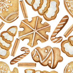 Seamless pattern with Christmas cookies on a white isolated background. Watercolor winter illustration