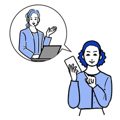 スマートフォンを持つ笑顔の若い女性と吹き出しの中の女性オペレーターのシンプルな白バックの線画