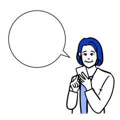 スマートフォンを持つ高齢女性の上半身の線画と吹き出しの白バックイラスト