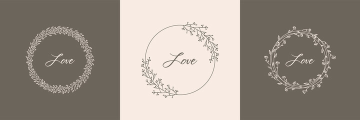 A set of minimalistic logos in a circle photo. Picking up a company in the center. Linear style. Delicate, sophisticated wreaths of plants, flowers, branches and leaves. Logo for womens business