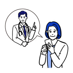 スマホを持つ高齢女性と吹き出しの中の男性ドクターの上半身のシンプルな白バックの線画