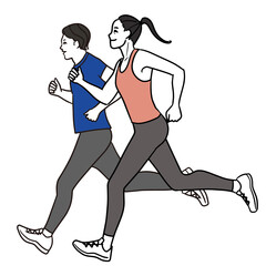 Tシャツとレギンスで走る若いアジア人男性と女性のカップル全身の線画のイラスト