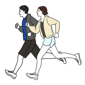 パーカーで走る若いアジア人の男性と女性のカップルの全身の線画のイラスト