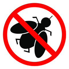 No fly insect vector icon. Red round prohibition sign on white background