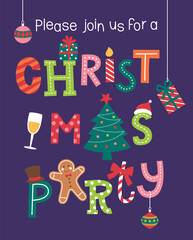 Fototapeta premium Christmas party card design with typography illustration and christmas icons.