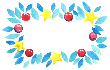 Green leaves, Christmas ball and star frame watercolor for decoration on Christmas holiday events.