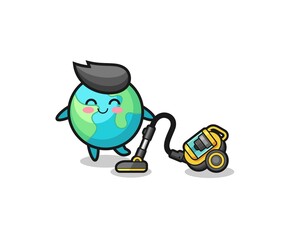cute earth holding vacuum cleaner illustration