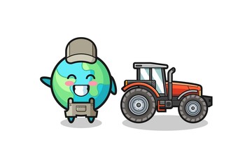 the earth farmer mascot standing beside a tractor