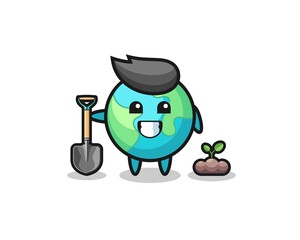 cute earth cartoon is planting a tree seed