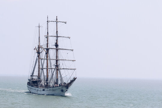 The Indonesian Navy sail training vessel KRI Dewaruci in the middle of javanesse ocean, north Madura, Indonesia. Surabaya, Indonesia - April, 2019