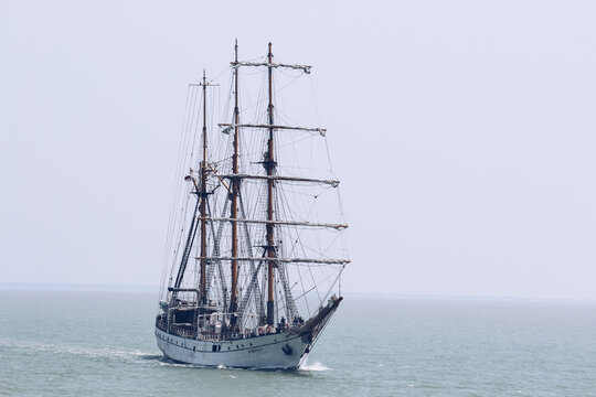 The Indonesian Navy sail training vessel KRI Dewaruci in the middle of javanesse ocean, north Madura, Indonesia. Surabaya, Indonesia - April, 2019
