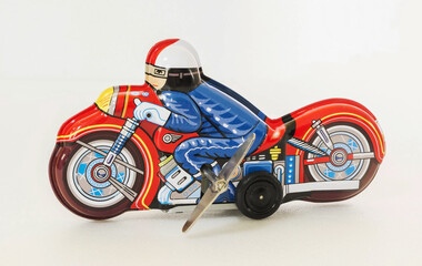 Vintage tin toy motorcycle  , tin toy motorcycle, Isolated white