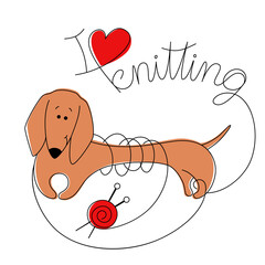 Cartoon dog playing with a ball of thread. Knitting. Favorite hobby. Vector flat illustration with a contour. The concept of the character. Cute drawing for a poster, postcard, decor.