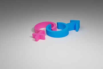 Male and female gender signs 3d. 3d rending. blue pink relationship