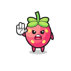 strawberry character doing stop gesture